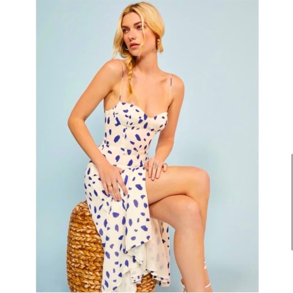 Dalmatian Blue off white dot print dress midi bustier bow tie straps abstract sm
